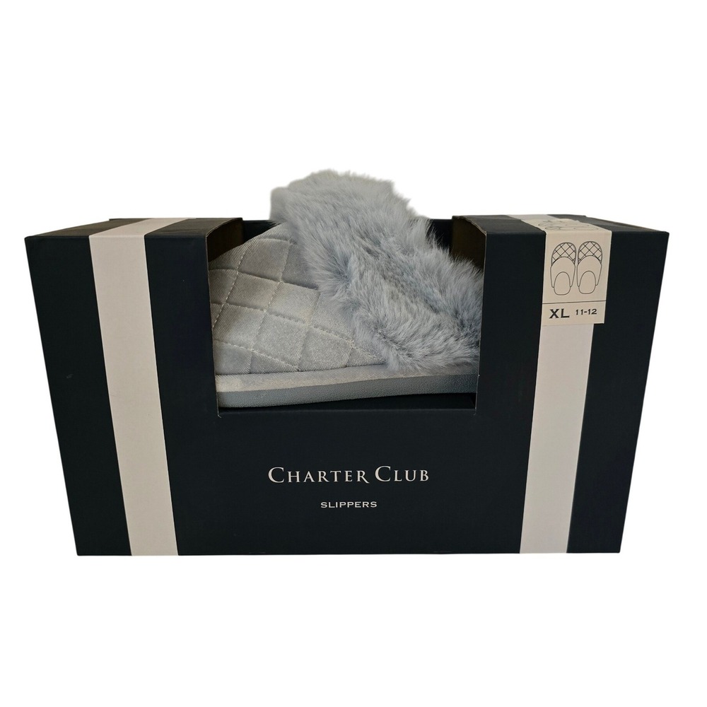 Charter Club Womens Blue Grey Quilted Faux Fur Trim Scuff Slippers Size 11/12 XL